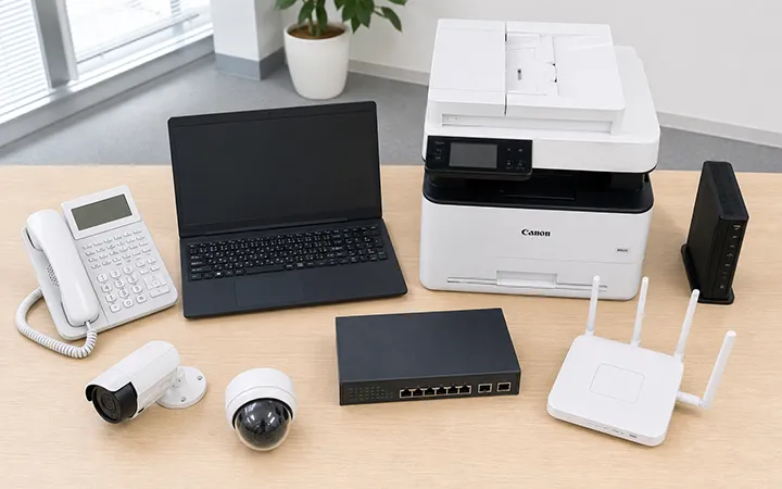 PCや電話機などオフィス機器をまとめて対応するイメージ
